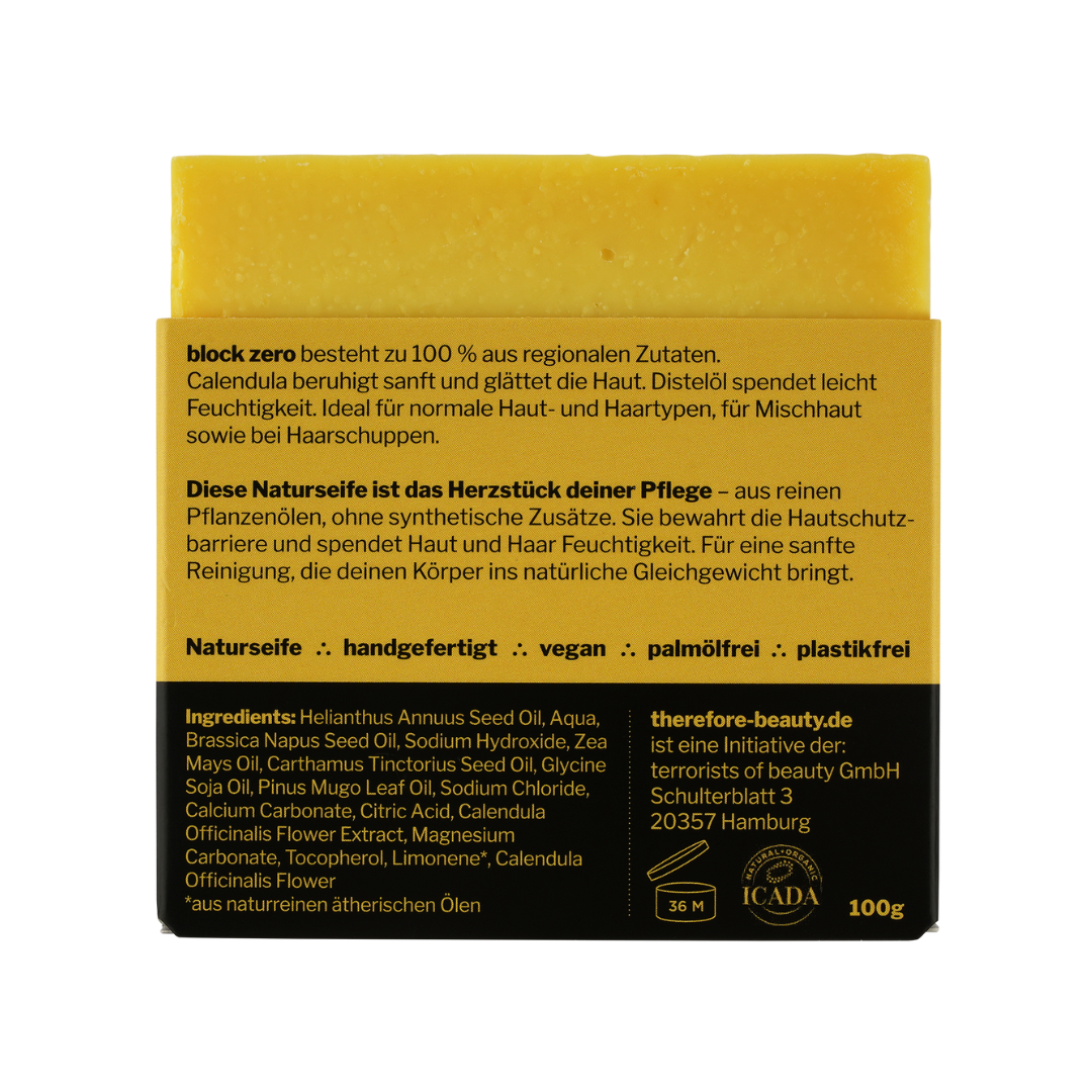 block zero - ausgleichende Pflegeseife, 100% regionale Zutaten | 3‑in‑1 für Gesicht, Körper & Haare ∴ therefore beauty