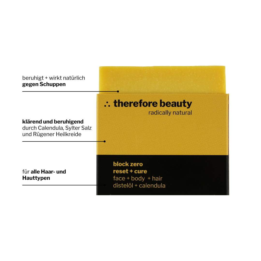 block zero - ausgleichende Pflegeseife, 100% regionale Zutaten | 3‑in‑1 für Gesicht, Körper & Haare ∴ therefore beauty