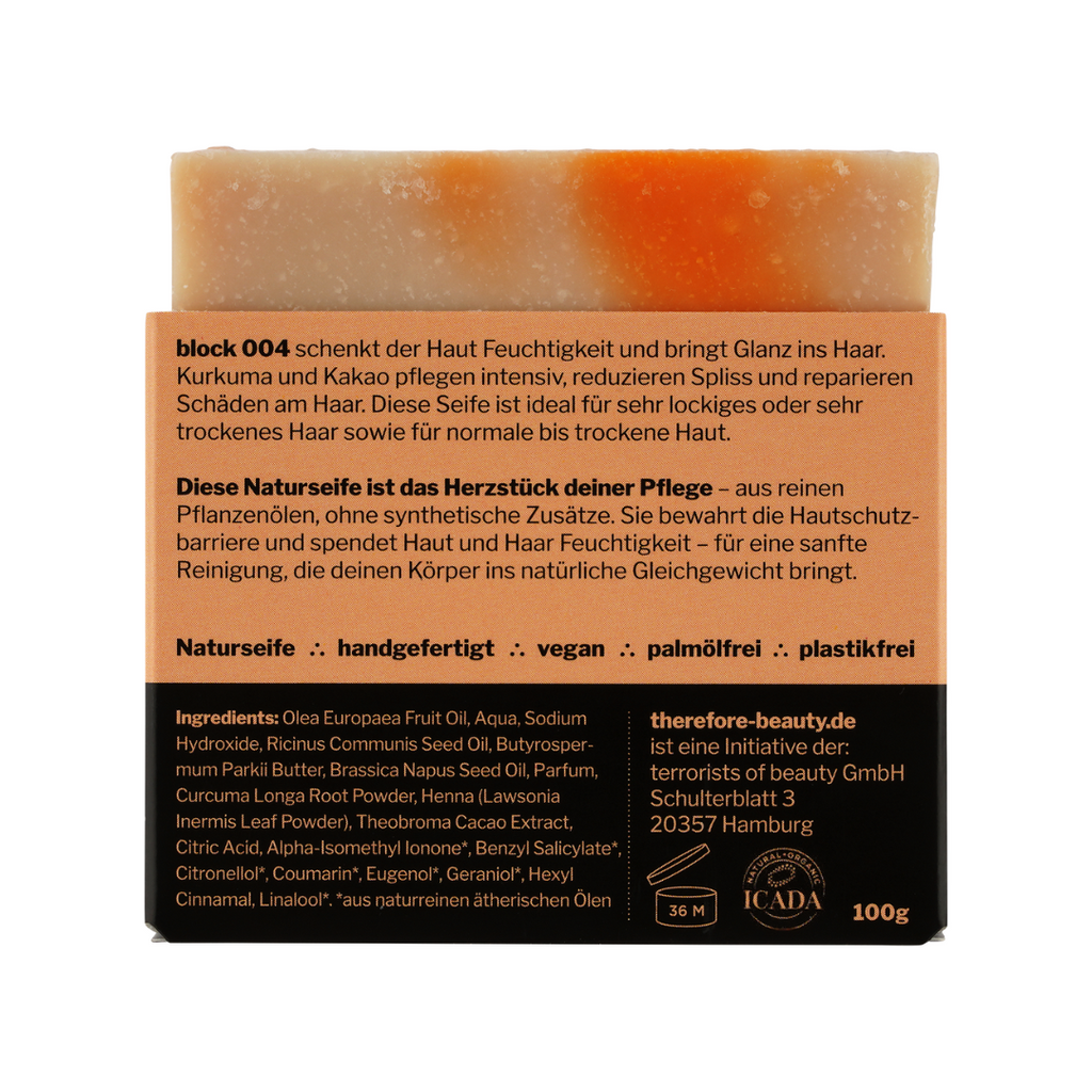 Seife block 004 | bei trockener Haut | ideal bei starken Curls + Afro | mit Kurkuma + Kakao ∴ therefore beauty