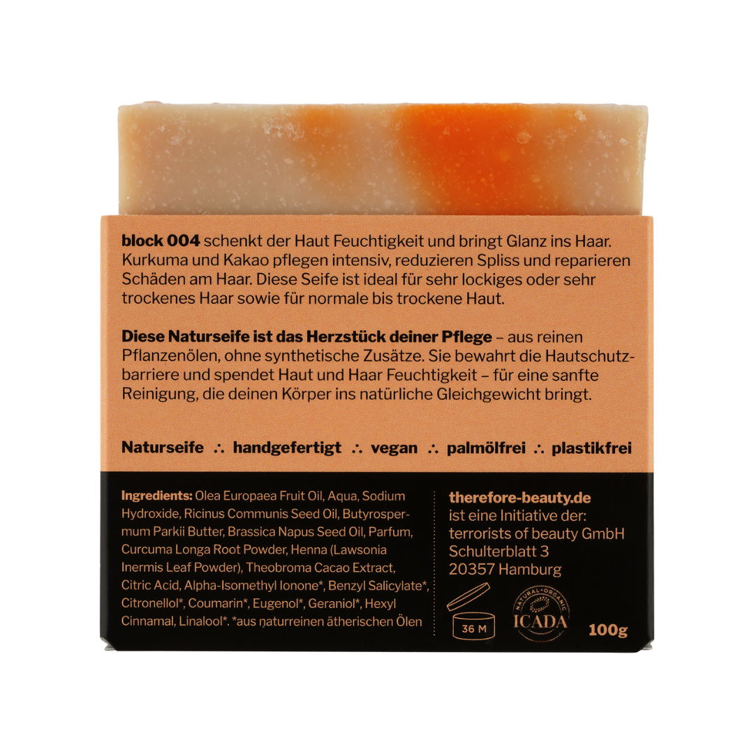 Seife block 004 | bei trockener Haut | ideal bei starken Curls + Afro | mit Kurkuma + Kakao ∴ therefore beauty