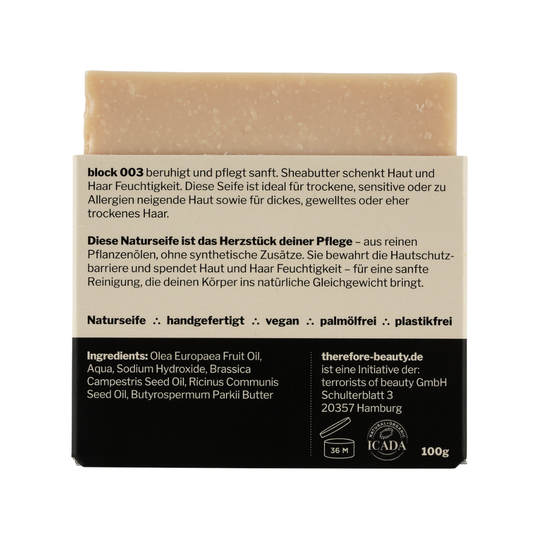 block 003 — schützende Pflegeseife mit Sheabutter | 3‑in‑1 für Gesicht, Körper & Haare ∴ therefore beauty