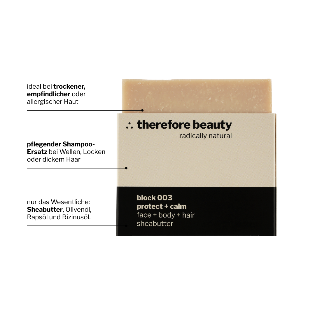 block 003 — schützende Pflegeseife mit Sheabutter | 3‑in‑1 für Gesicht, Körper & Haare ∴ therefore beauty