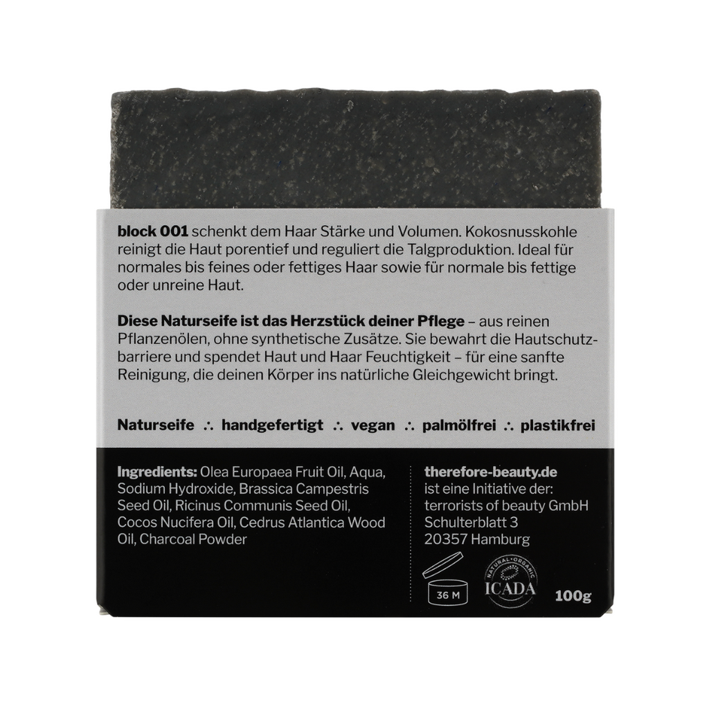 block 001 — klärende Pflegeseife mit Aktivkohle & Zedernöl | 3‑in‑1 für Gesicht, Körper & Haare ∴ therefore beauty