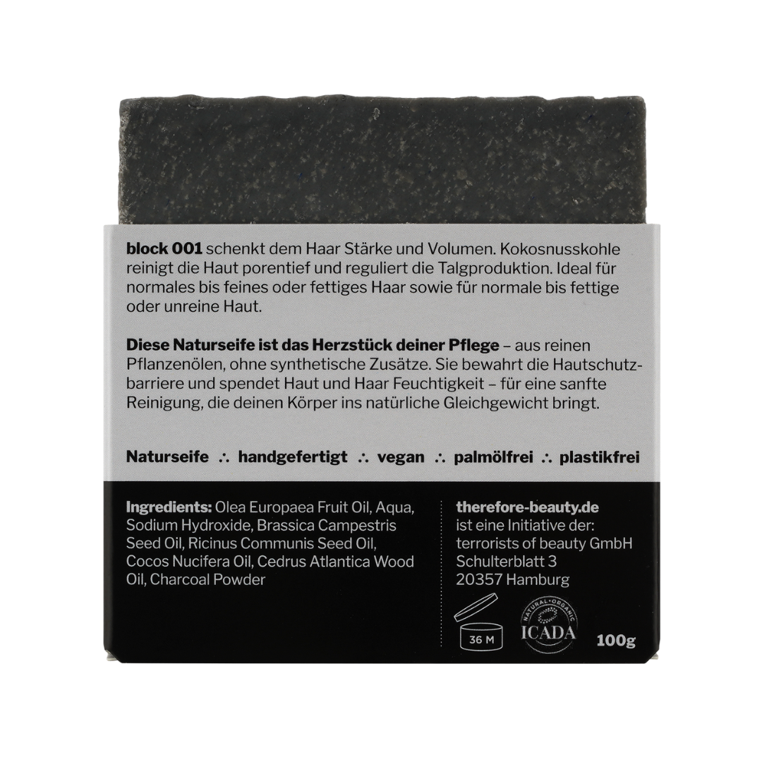 block 001 — klärende Pflegeseife mit Aktivkohle & Zedernöl | 3‑in‑1 für Gesicht, Körper & Haare ∴ therefore beauty