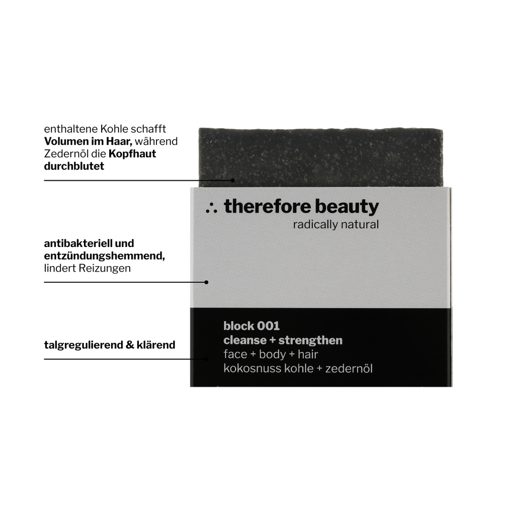 block 001 — klärende Pflegeseife mit Aktivkohle & Zedernöl | 3‑in‑1 für Gesicht, Körper & Haare ∴ therefore beauty