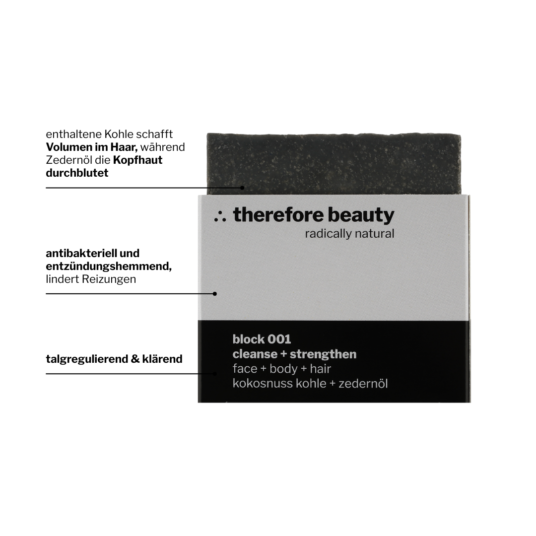 block 001 — klärende Pflegeseife mit Aktivkohle & Zedernöl | 3‑in‑1 für Gesicht, Körper & Haare ∴ therefore beauty